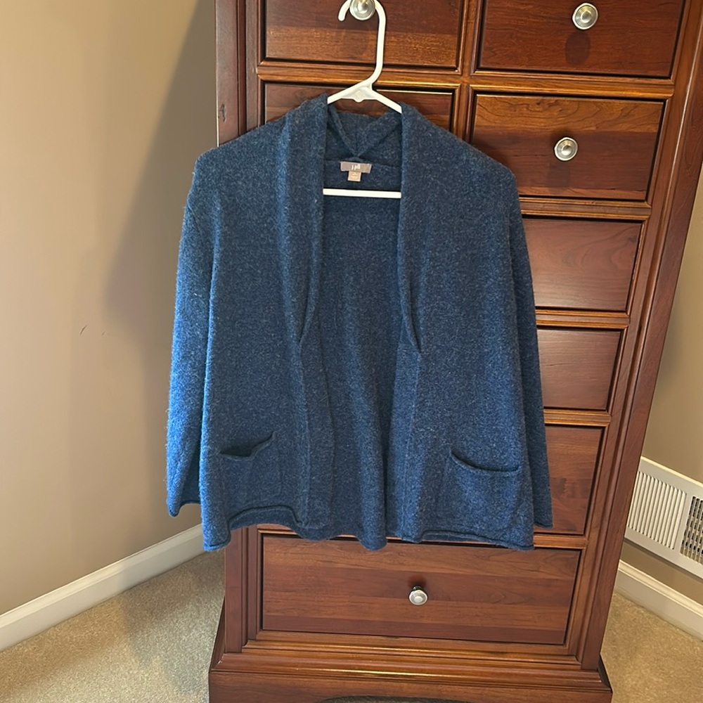 J.Jill open front cardigan, blue, sz large petite, 45%merino wool, front pockets